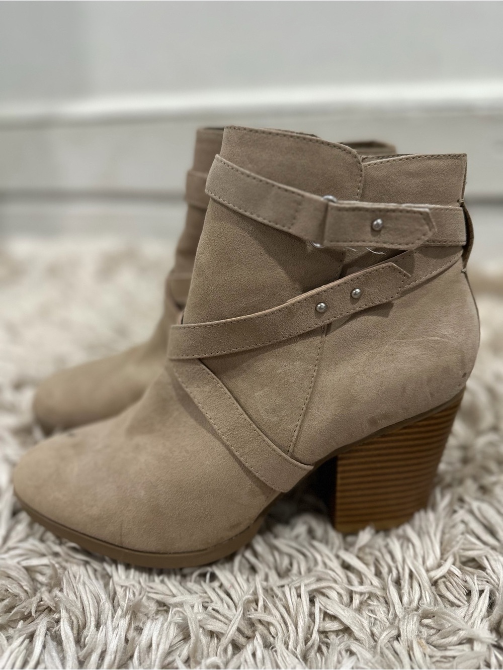 Women's Taupe Suede Wrap-Strap Ankle Booties